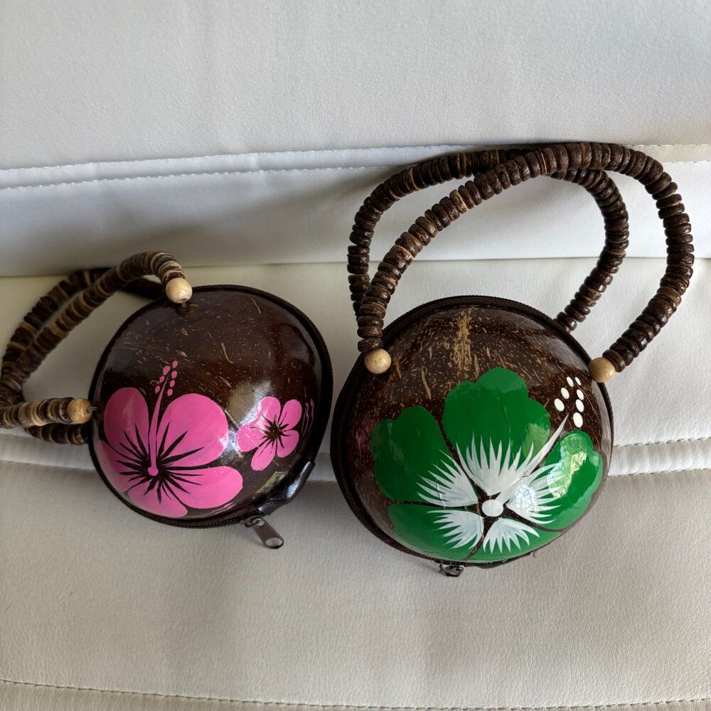 Vintage Coconut Shell Purse Lot 2 Hand Painted Floral Handbags Boho Tropical